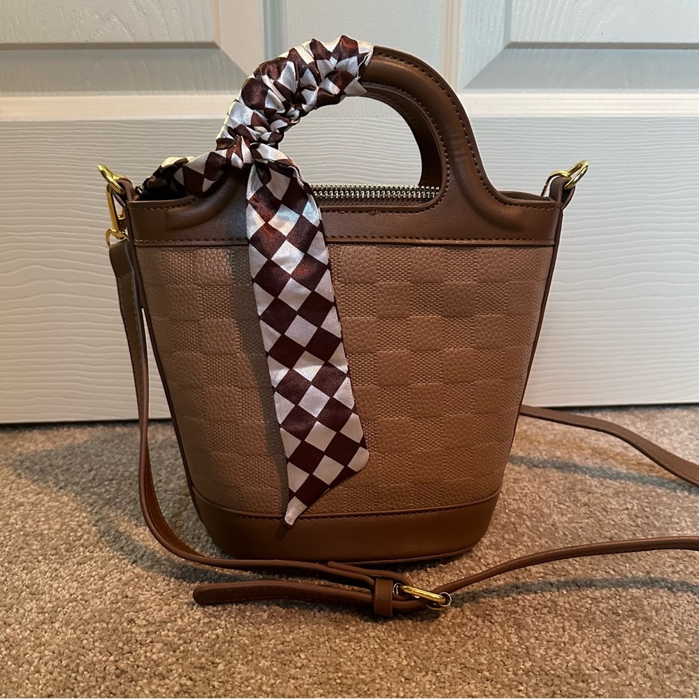 Two Tone Brown PU Leather Bucket Shoulder/Crossbody Bag with Scarf Detail